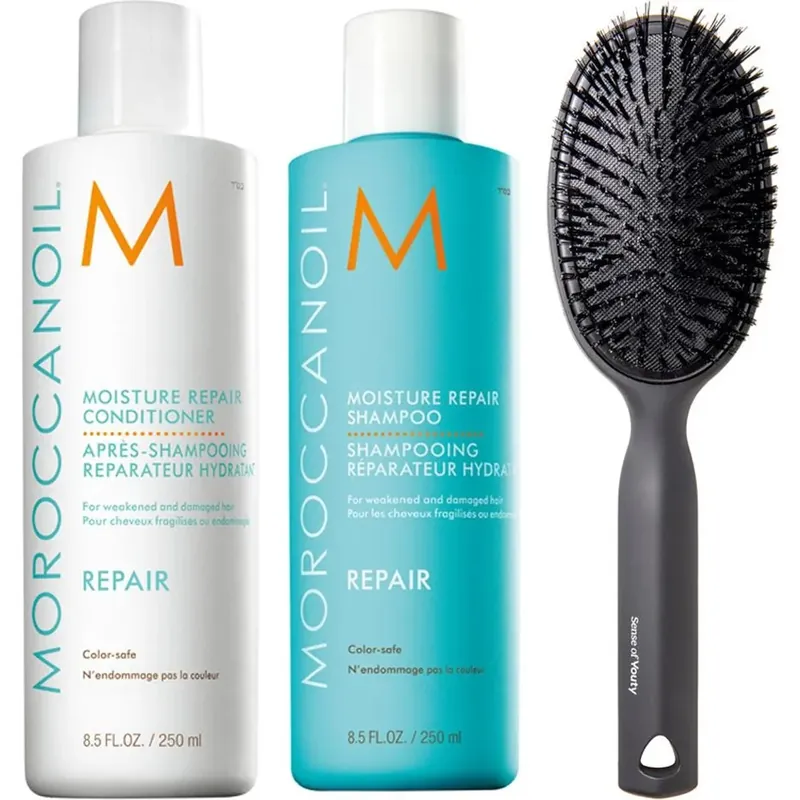 MoroccanoilMoisture Repair SetShampoo 250ml, Conditioner 250ml & Cushion Brush 500 ml Korkea Laatu