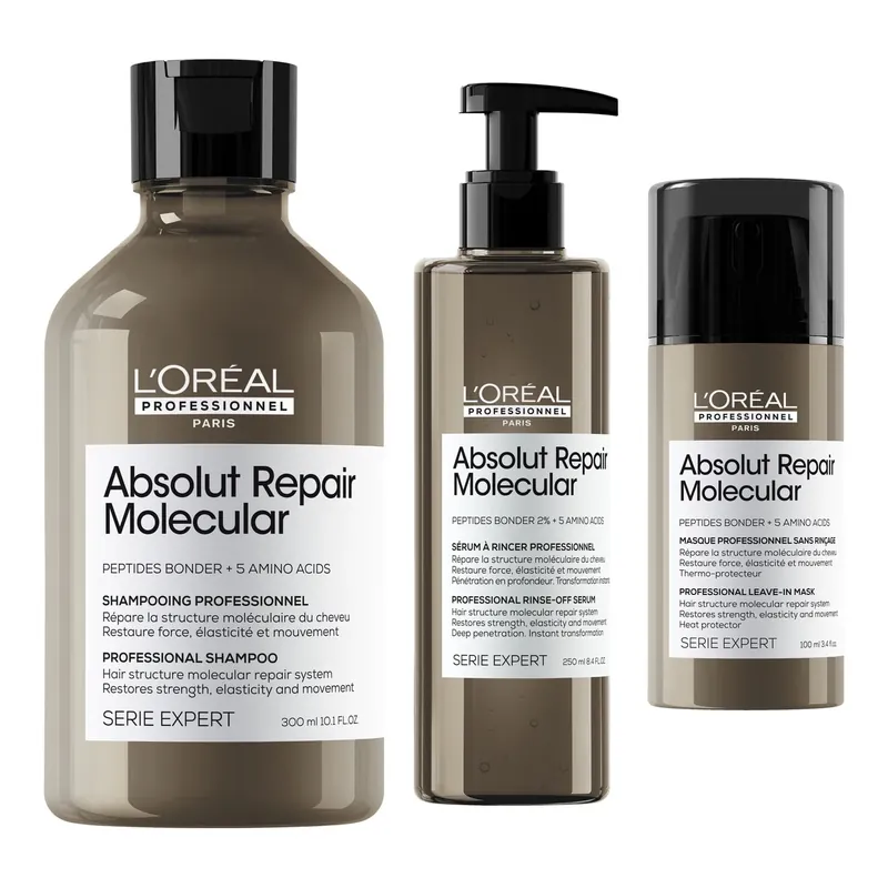 Ajankohtainen L‘Oréal ProfessionnelMolecular Repair Restore & StrengthenShampoo 300 Ml, Serum 250 Ml, Mask 100 ml 650 ml