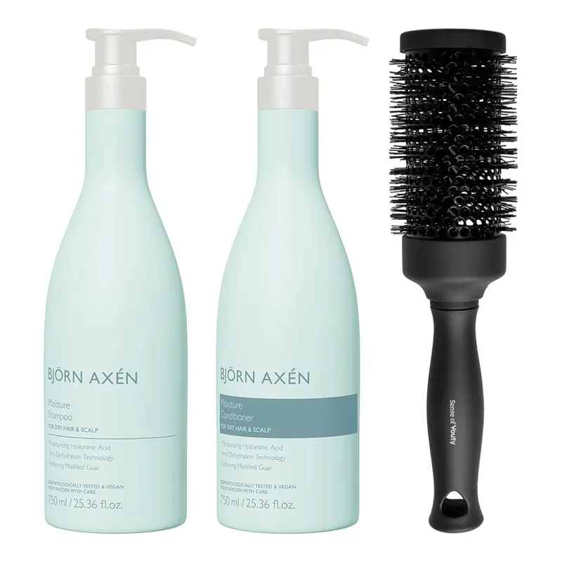 Björn AxénMoisture Care & Styling EssentialsShampoo 750 ml & Conditioner 750 ml & Blowout Brush Asiakkaiden Suosikki