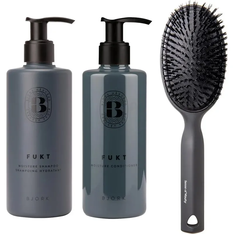 BjörkFUKT SetShampoo 300ml, Conditioner 250ml & Cushion Brush 550 ml Vain Tänään