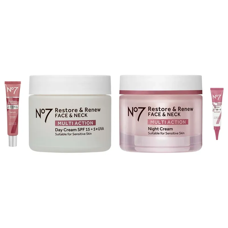 Pikatoimitus No7Complete Face Renewal Restore SystemSerum 30ml, Day Cream SPF15 50ml, Night Cream 50ml, Eye Cream 15ml 145 ml