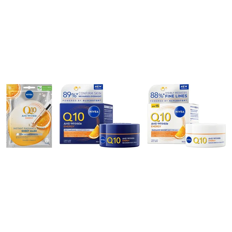Osta Verkossa NIVEAQ10 Energy Overnight Renewal SetSheet Mask, Night Cream 50 ml & Day Cream 50 ml